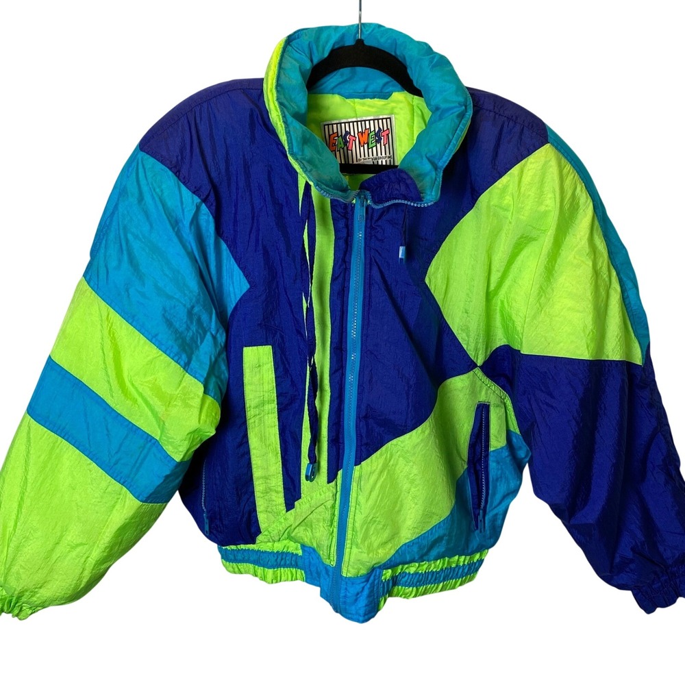 Vintage East West Ski Jacket Womens Large Blue Green Neon Colorblock 90's Retro